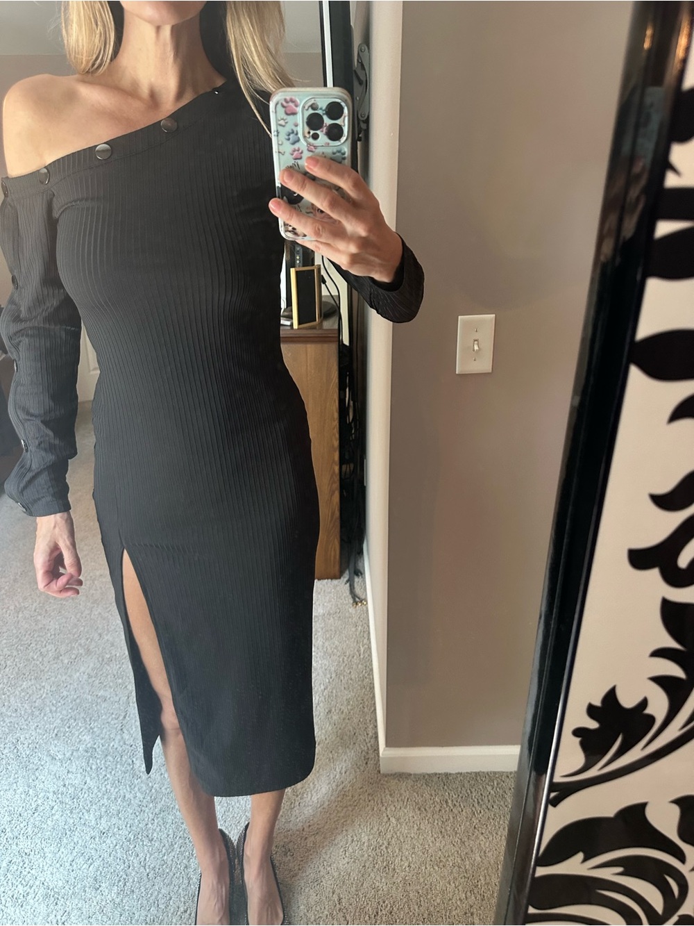 Camila Coelho Black Ribbed One-Shoulder ribbed dress.